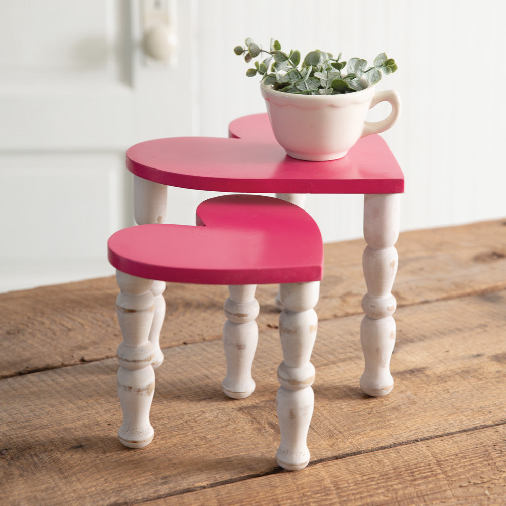 Heart-Shaped Mango Wood Display Risers - Pink (Set of 2)