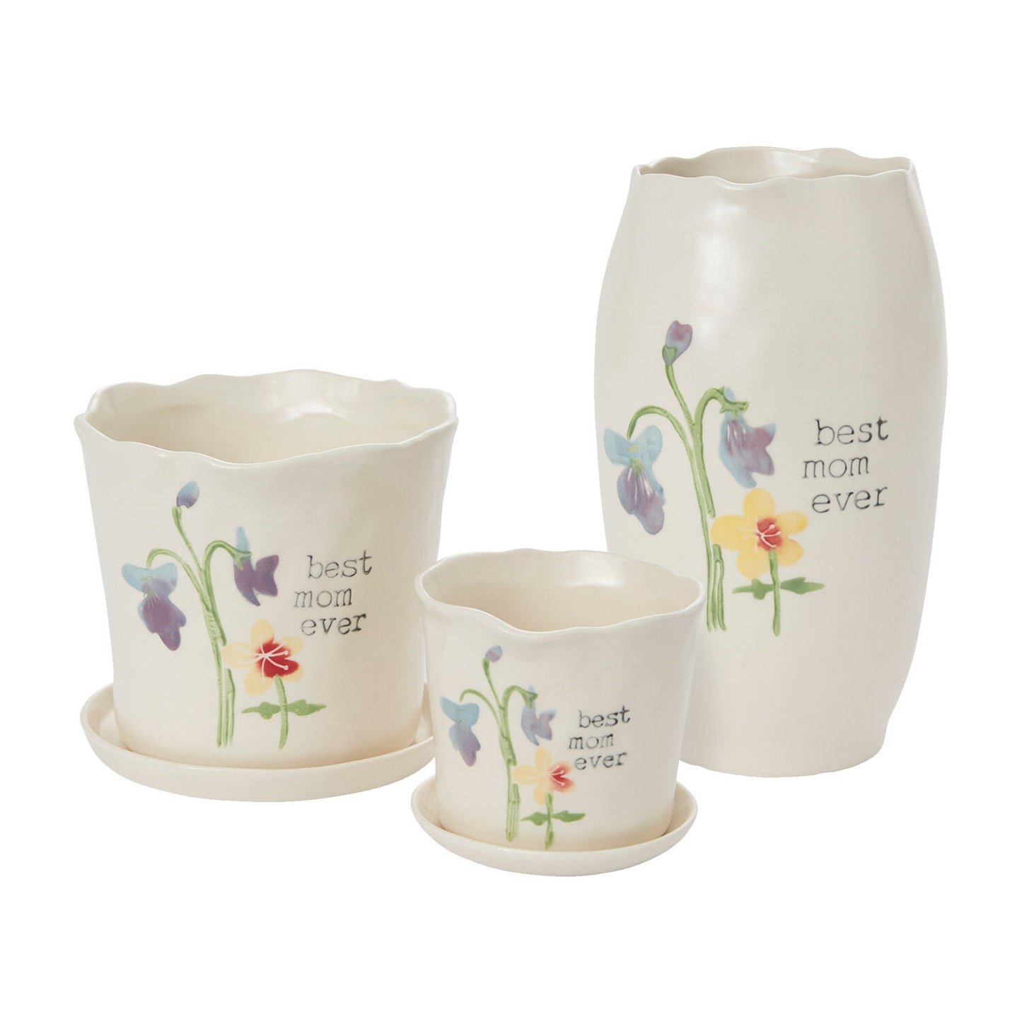 Best Mom Watercolor Ceramic Planter with Drainage Saucer