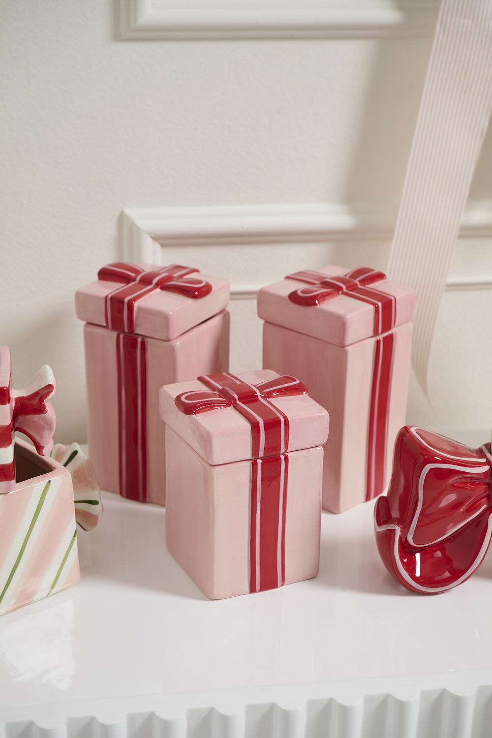 Tall Pink Gift Box Ceramic Canister - Red Bow Lid