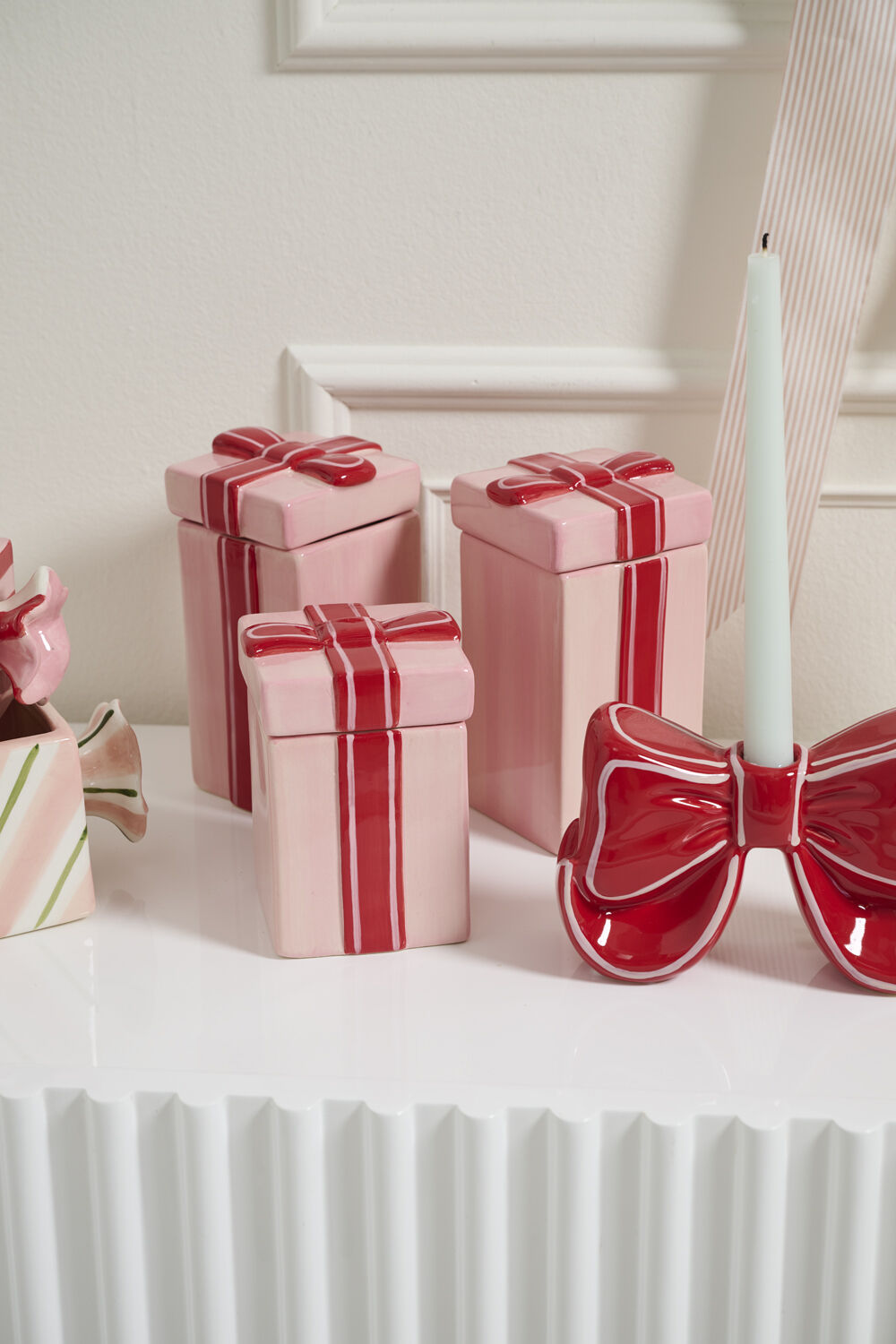 Pink Gift Box Ceramic Canister - Red Bow Lid