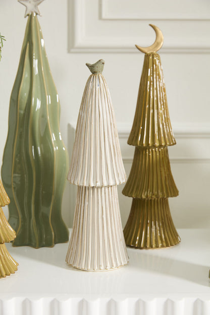 Village Ceramic Christmas Tree - Off White with Bird Topper