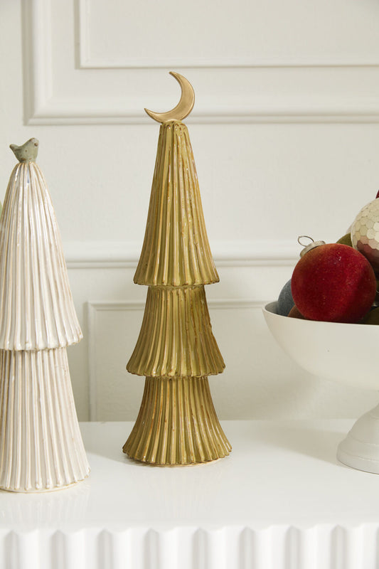 Village Ceramic Christmas Tree - Ochre with Moon Topper