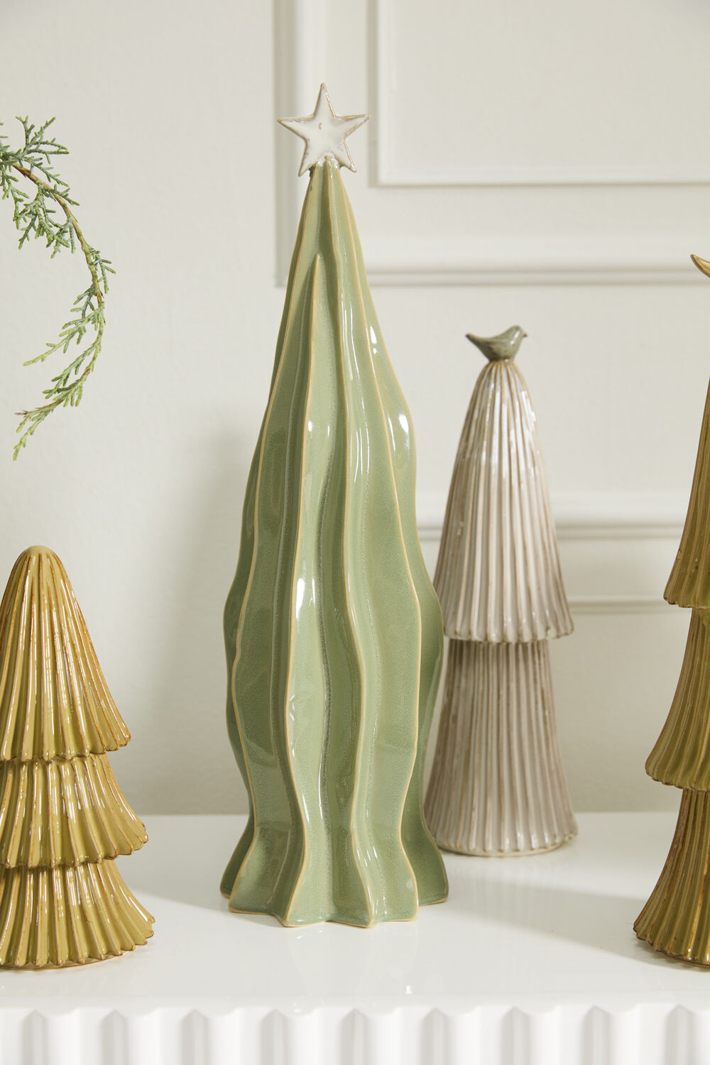 Village Ceramic Christmas Tree - Soft Green with Star Topper