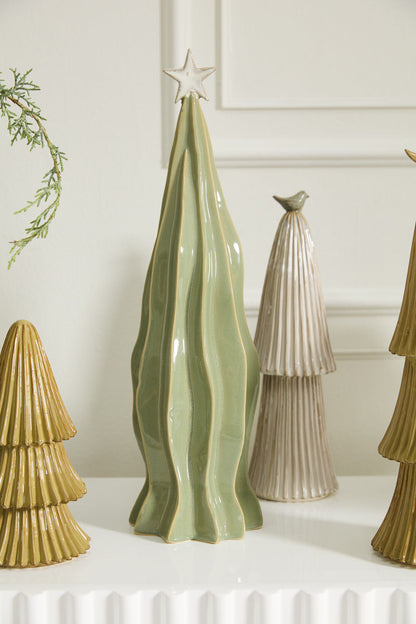 Village Ceramic Christmas Tree - Soft Green with Star Topper
