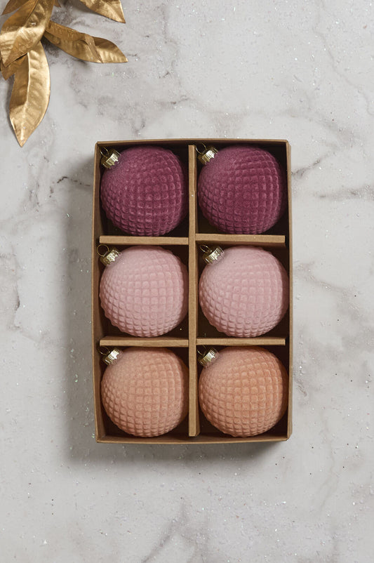 Rosy Velvet Glass Ornaments - Pink Shades (Set of 6)