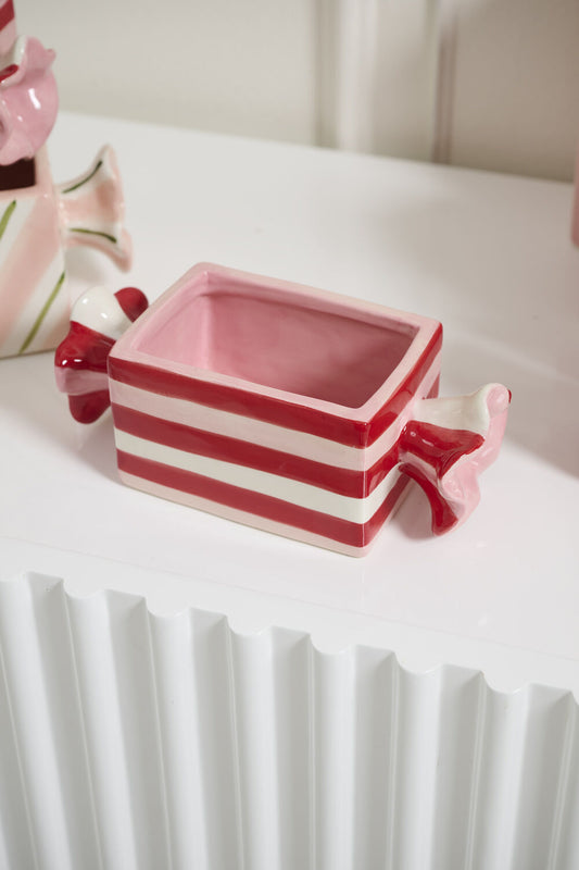 Bonbon Candy-Shaped Ceramic Planter - Red & Pink Stripes