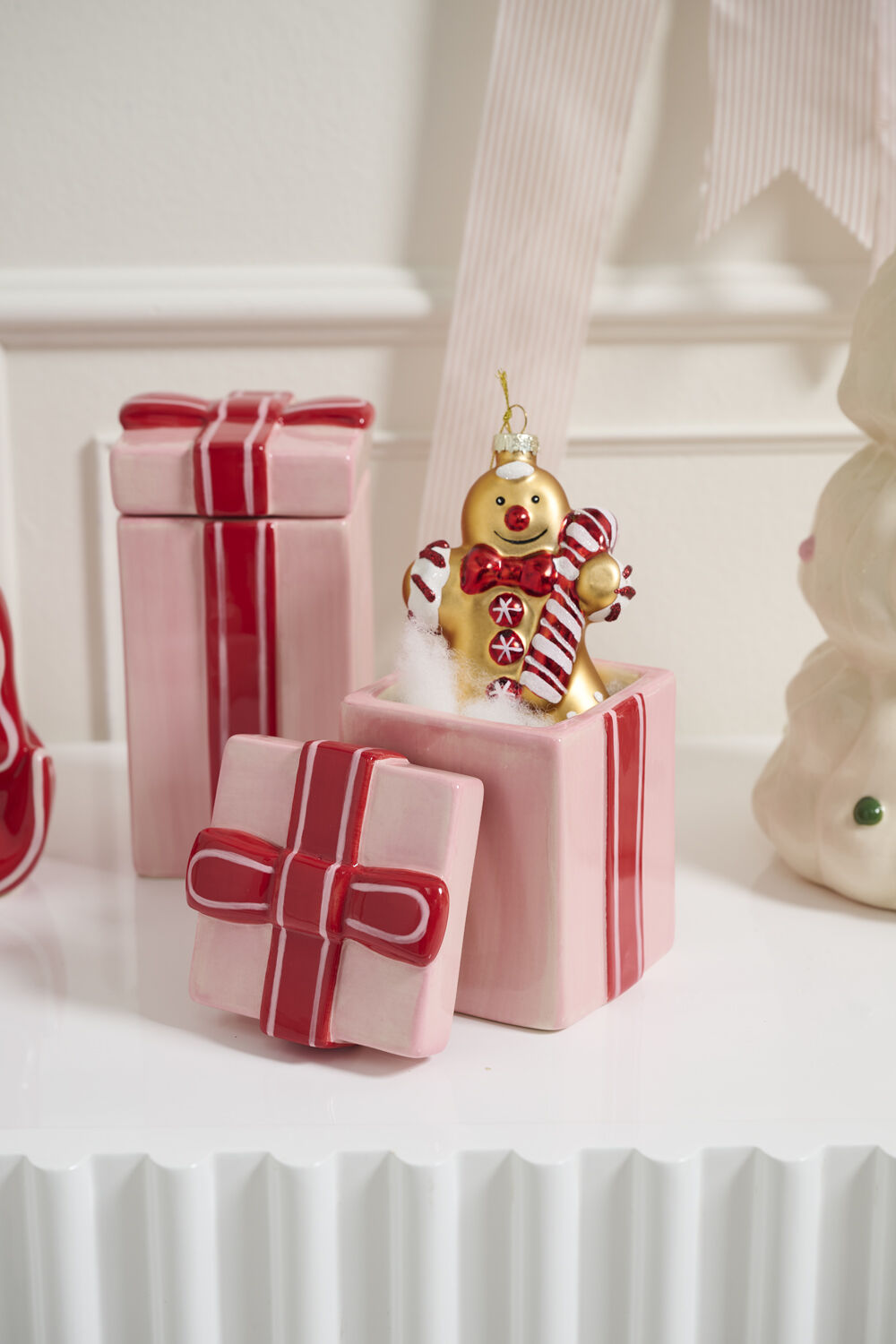 Pink Gift Box Ceramic Canister - Red Bow Lid