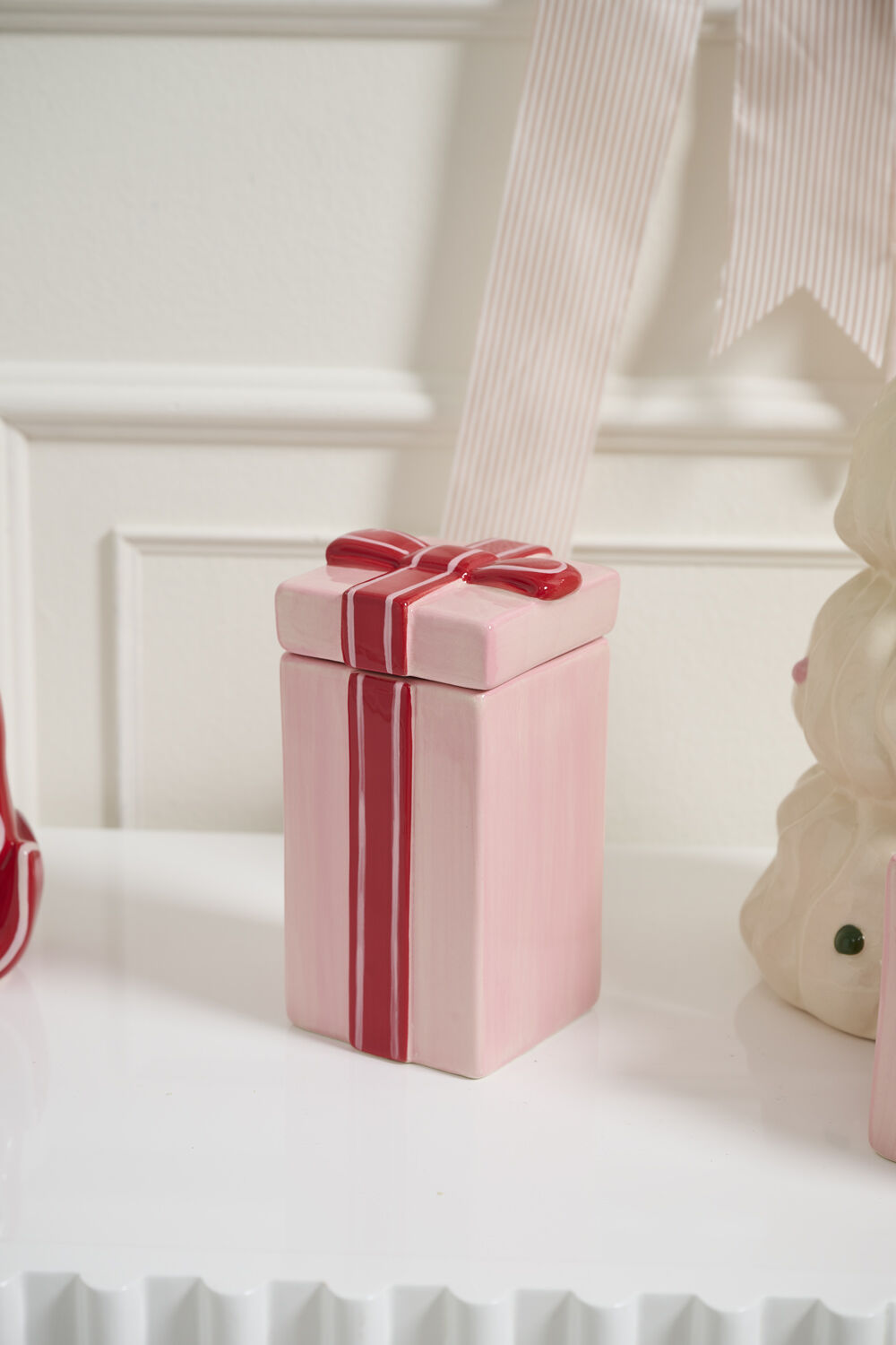 Tall Pink Gift Box Ceramic Canister - Red Bow Lid