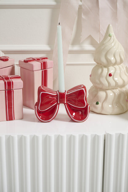 Red Bow Ceramic Taper Candle Holder