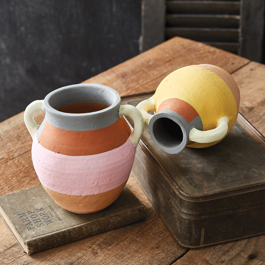 Color Blocked Terra Cotta Vases - Pink & Yellow (Set of 2)