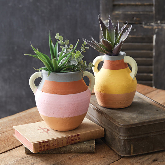 Color Blocked Terra Cotta Vases - Pink & Yellow (Set of 2)