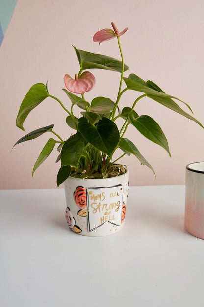 "Moms Are Strong As Hell" Ceramic Planter with Floral Design