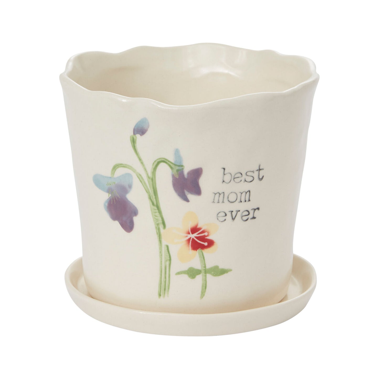 Best Mom Watercolor Ceramic Planter with Drainage Saucer