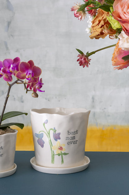 Best Mom Watercolor Ceramic Planter with Drainage Saucer
