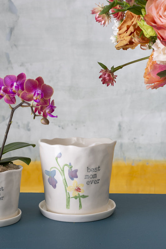 Best Mom Watercolor Ceramic Planter with Drainage Saucer
