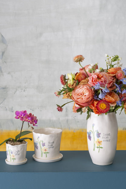 Best Mom Watercolor Ceramic Planter with Drainage Saucer