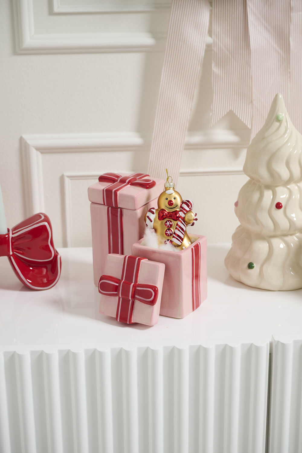 Tall Pink Gift Box Ceramic Canister - Red Bow Lid