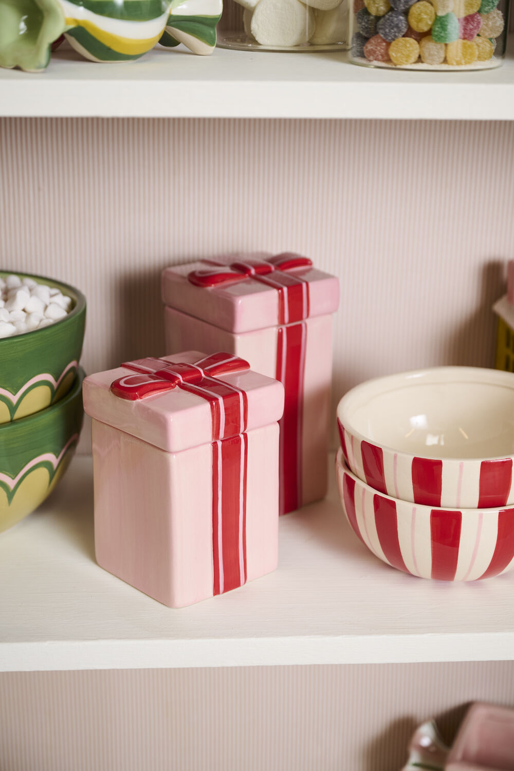 Tall Pink Gift Box Ceramic Canister - Red Bow Lid