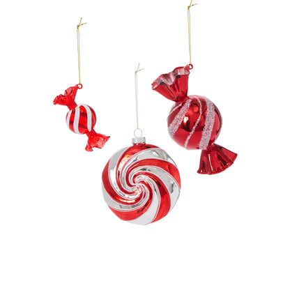 Peppermint Candy Glass Ornaments - Red & White Stripes (Set of 6)
