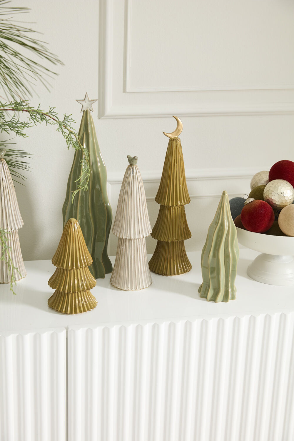 Village Ceramic Christmas Tree - Off White with Bird Topper