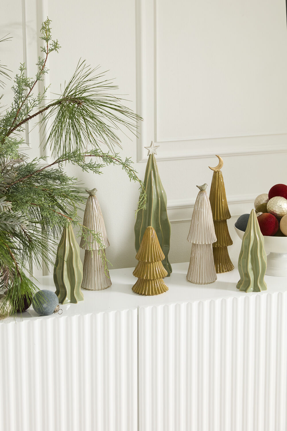 Village Ceramic Christmas Tree - Off White with Bird Topper